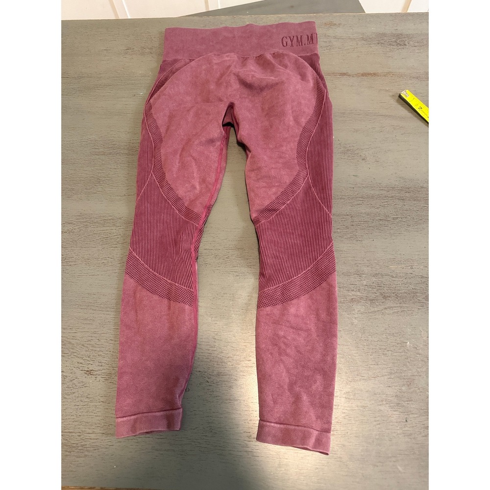 Gym.Minute Womens Seamless Acid Wash Leggings Burgundy High Waist Size L